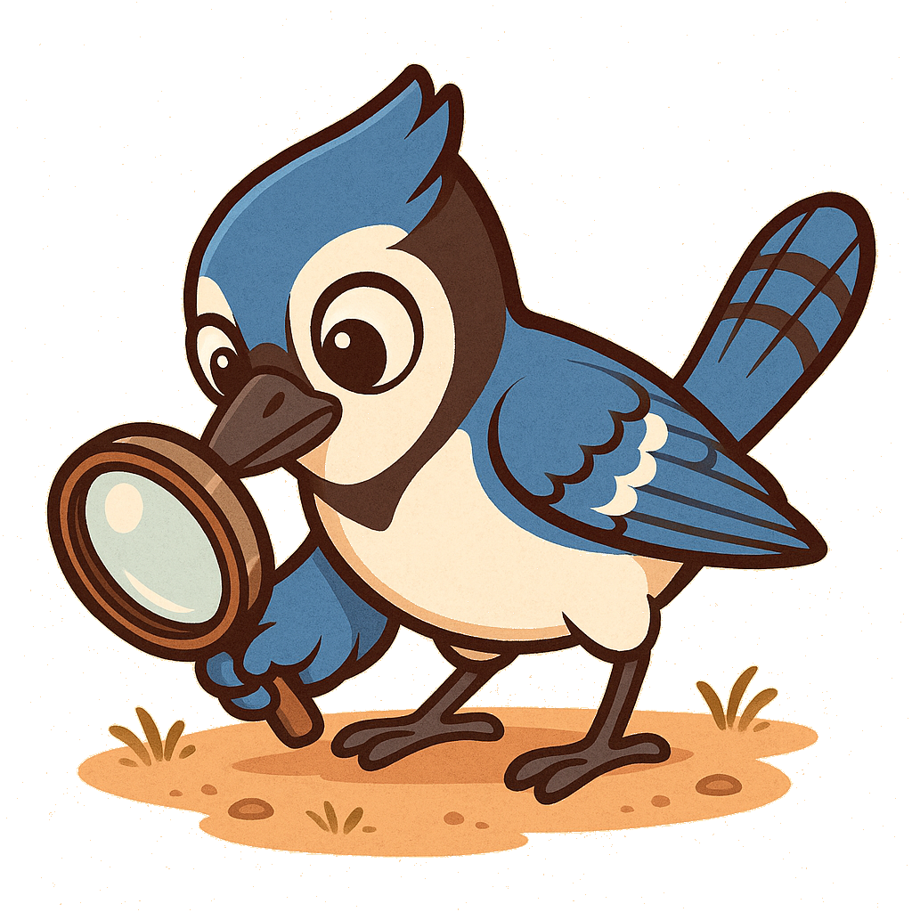 A blue jay searching with a magnifying glass